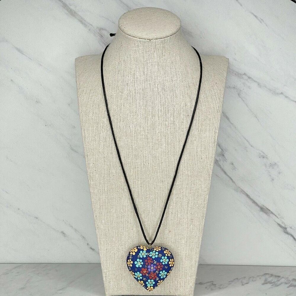 Floral Painted Glitter Puffy Heart Pendant Cord Necklace